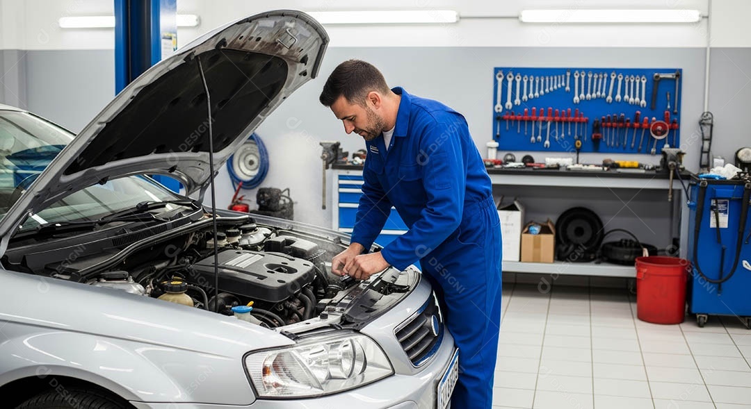 Mecânico fazendo uma manutenção completa em um carro sob uma oficina.