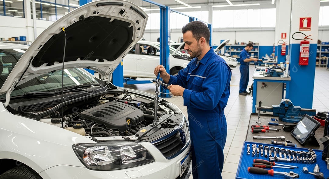 Mecânico fazendo uma manutenção completa em um carro sob uma oficina.