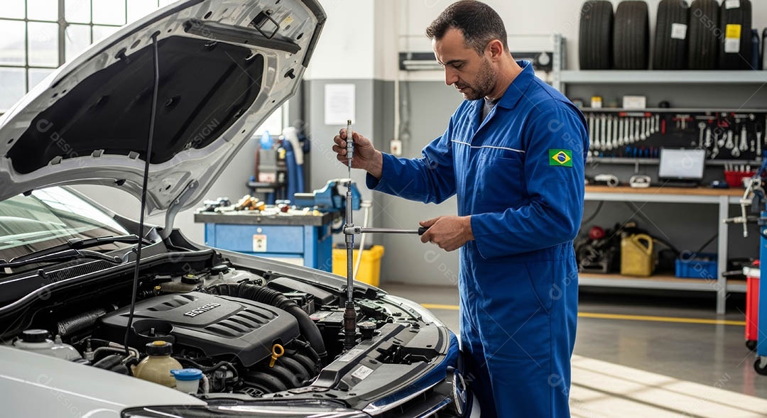Mecânico fazendo uma manutenção completa em um carro sob uma oficina.