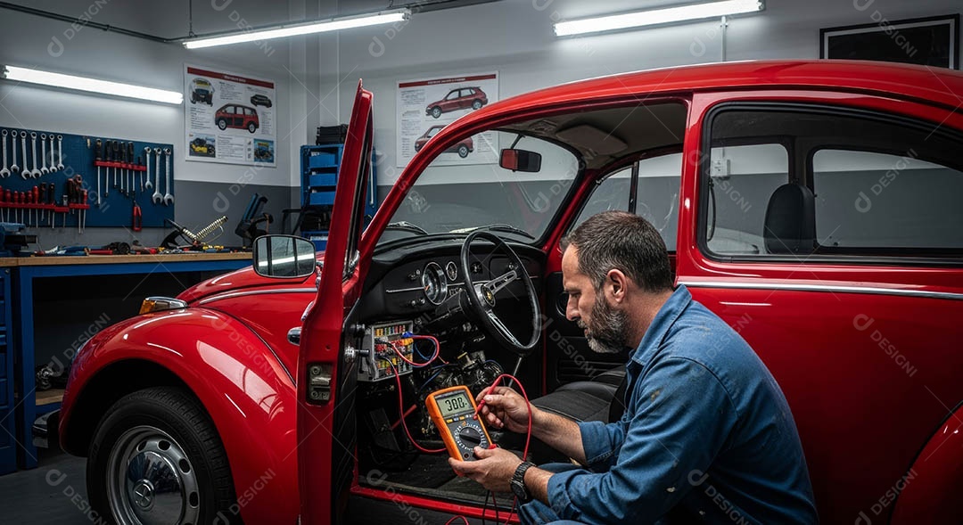 Mecânico fazendo uma manutenção completa em um carro sob uma oficina.