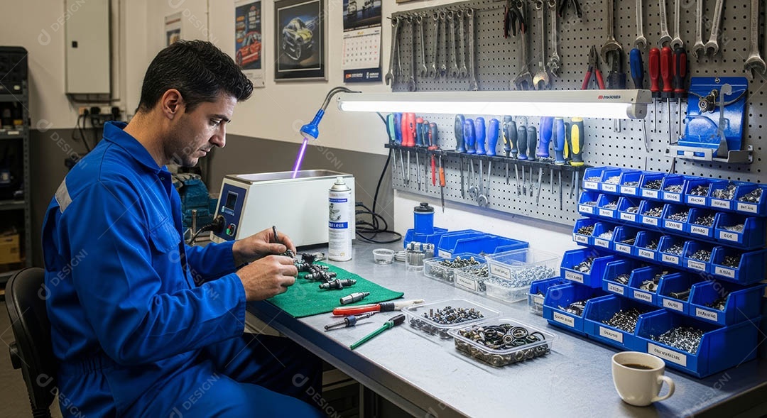 Mecânico trabalhando em uma bancada de eletrônica.