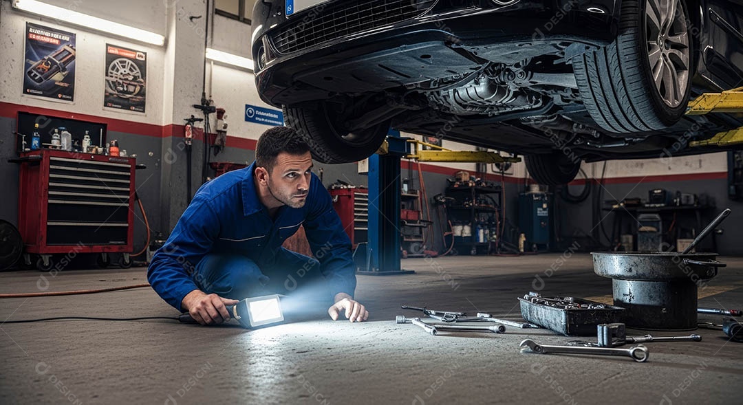 Mecânico fazendo uma manutenção completa em um carro sob uma oficina.