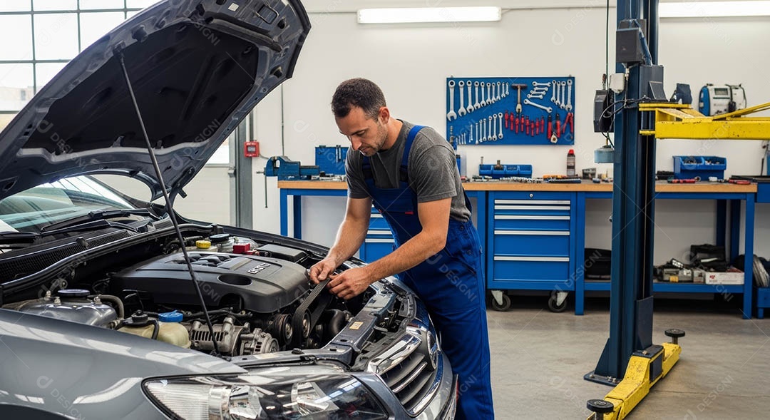 Mecânico fazendo uma manutenção completa em um carro sob uma oficina.