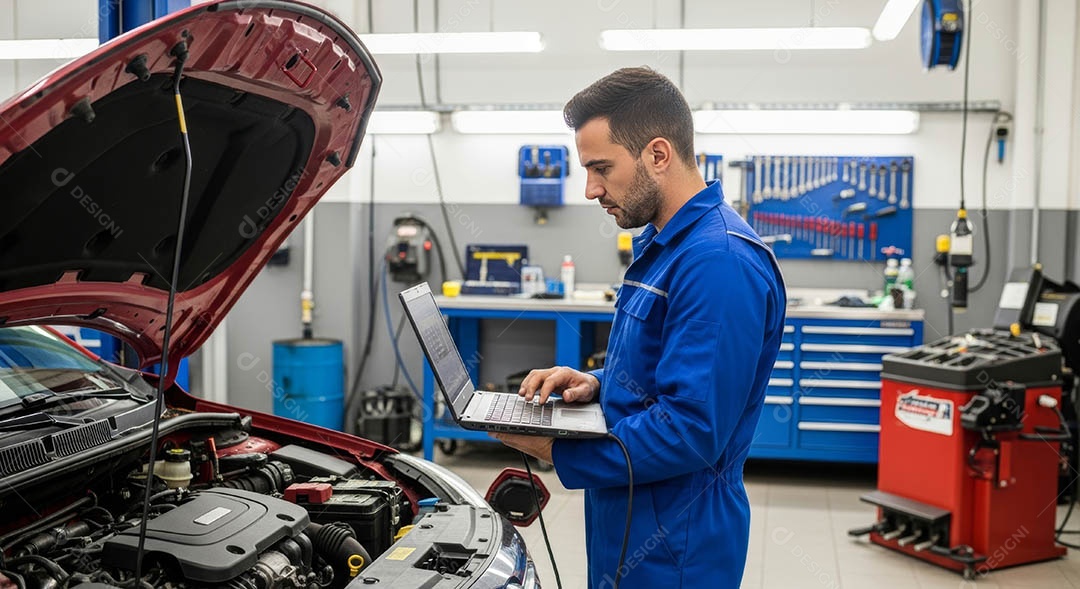 Mecânico fazendo uma manutenção completa em um carro sob uma oficina.
