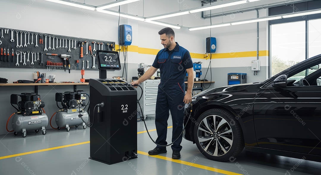 Mecânico fazendo uma manutenção completa em um carro sob uma oficina.