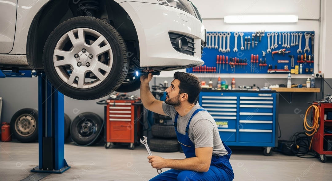 Mecânico fazendo uma manutenção completa em um carro sob uma oficina.