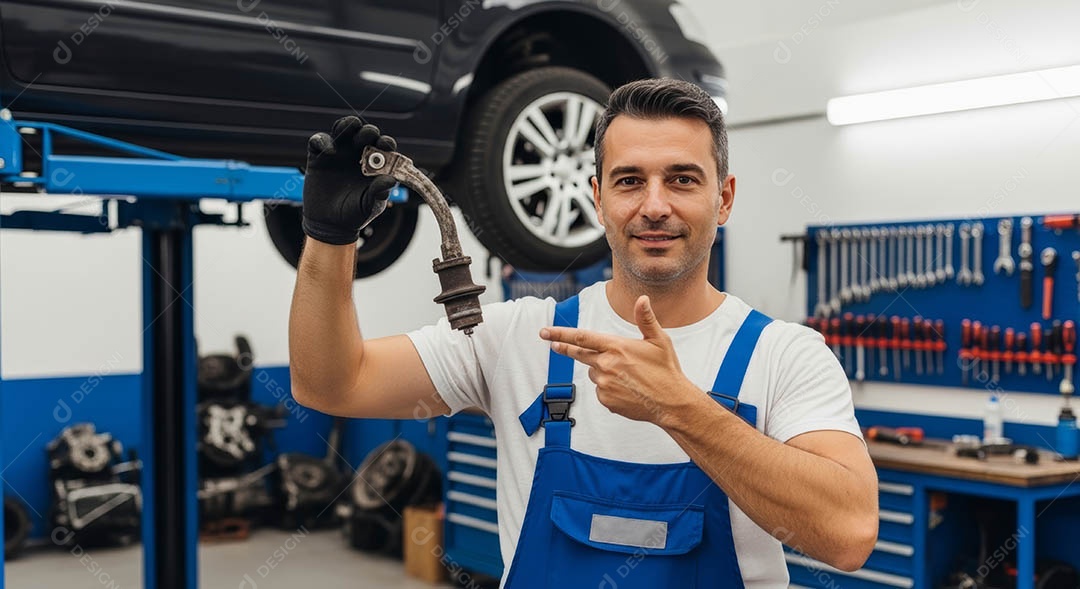Mecânico fazendo uma manutenção completa em um carro sob uma oficina.