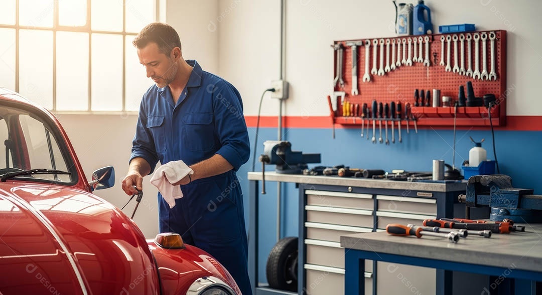 Mecânico fazendo uma manutenção completa em um carro sob uma oficina.