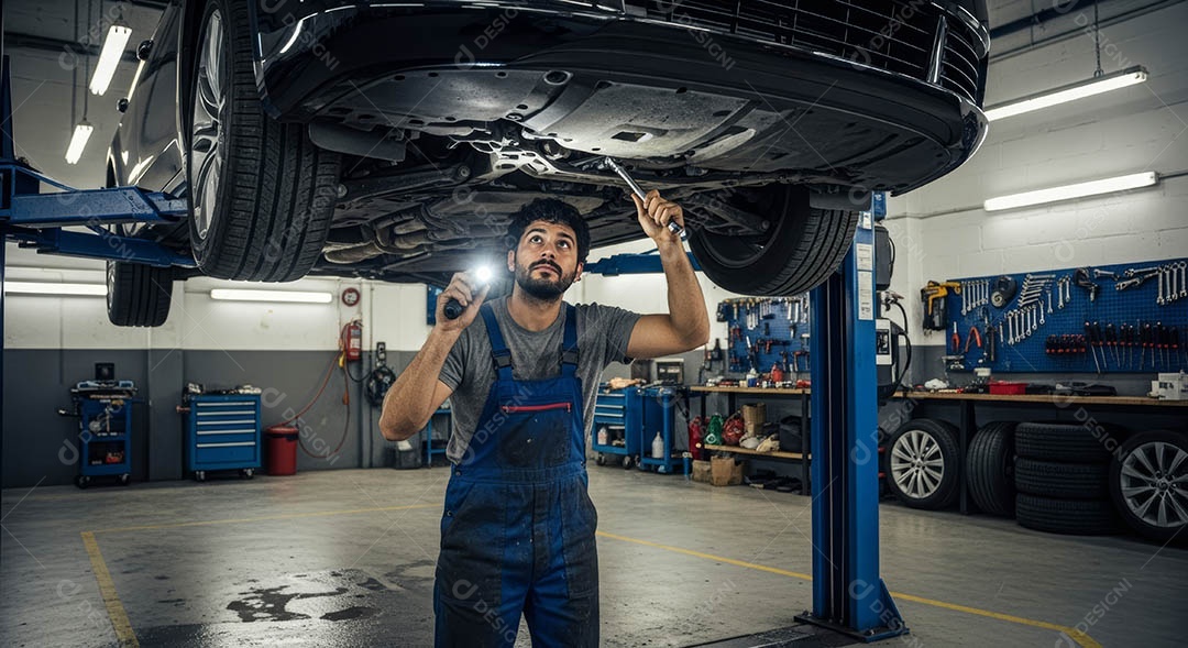Mecânico fazendo uma manutenção completa em um carro sob uma oficina.