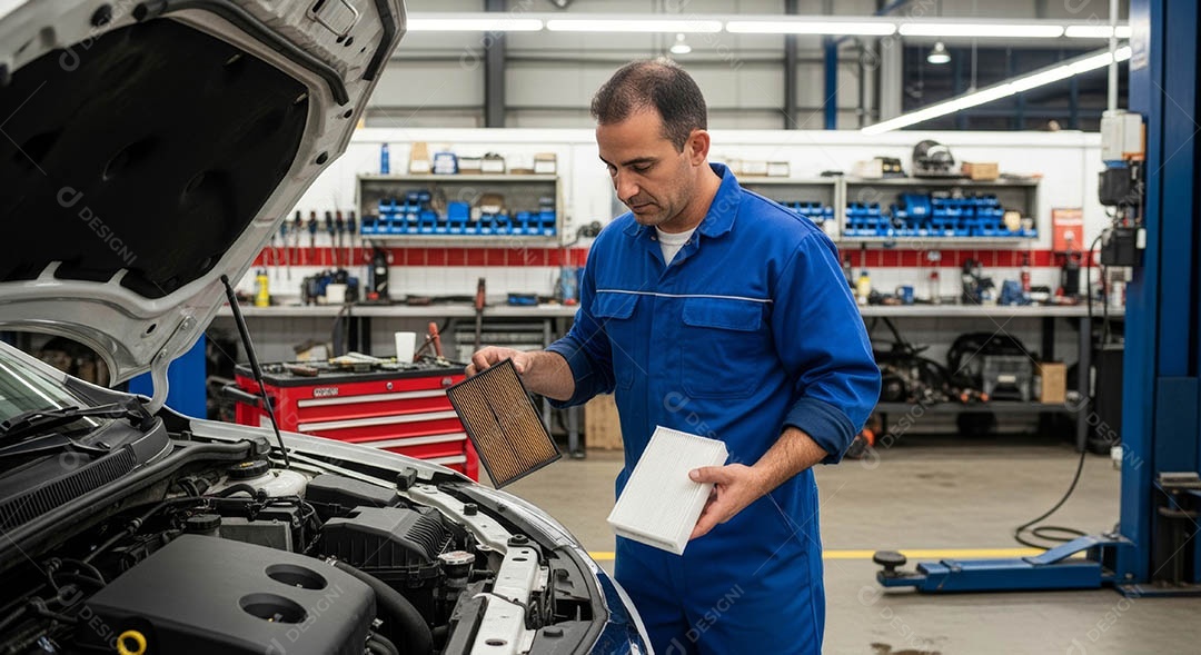 Mecânico fazendo uma manutenção completa em um carro sob uma oficina.
