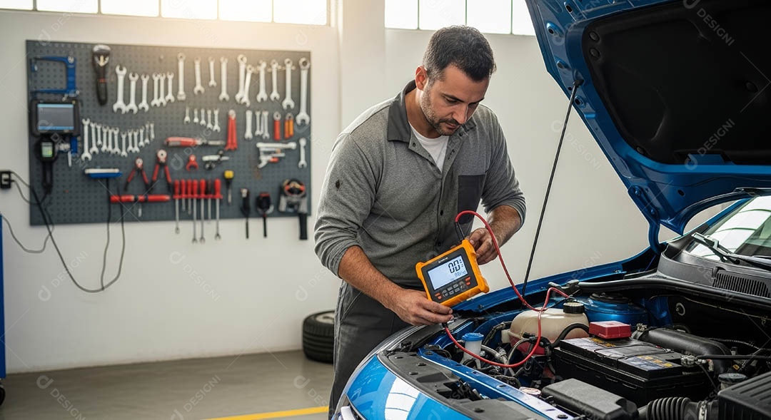 Mecânico fazendo uma manutenção completa em um carro sob uma oficina.