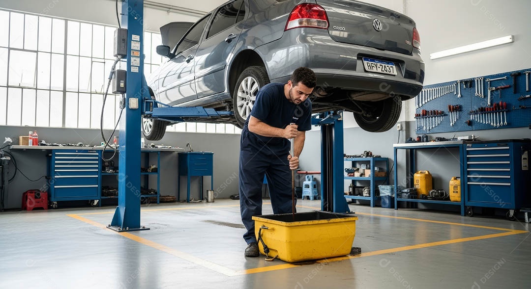 Mecânico fazendo uma manutenção completa em um carro sob uma oficina.