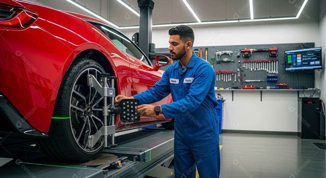 Mecânico fazendo uma manutenção completa em um carro sob uma oficina.