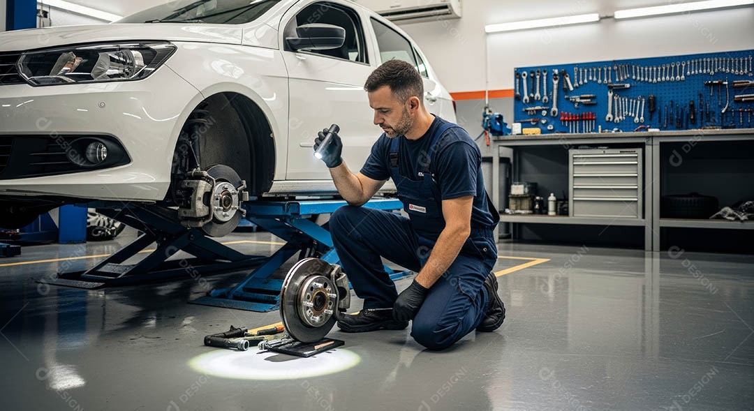 Mecânico fazendo uma manutenção completa em um carro sob uma oficina.