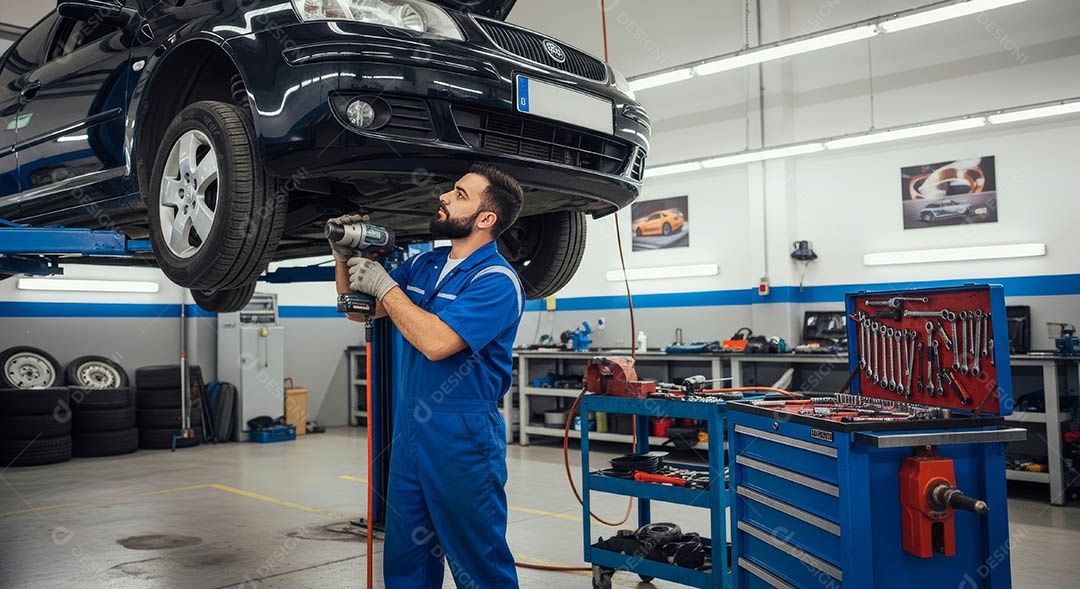Mecânico fazendo uma manutenção completa em um carro sob uma oficina.