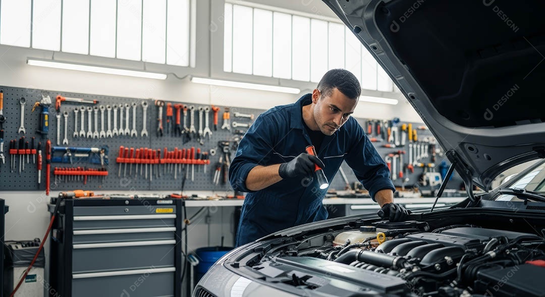 Mecânico fazendo uma manutenção completa em um carro sob uma oficina.