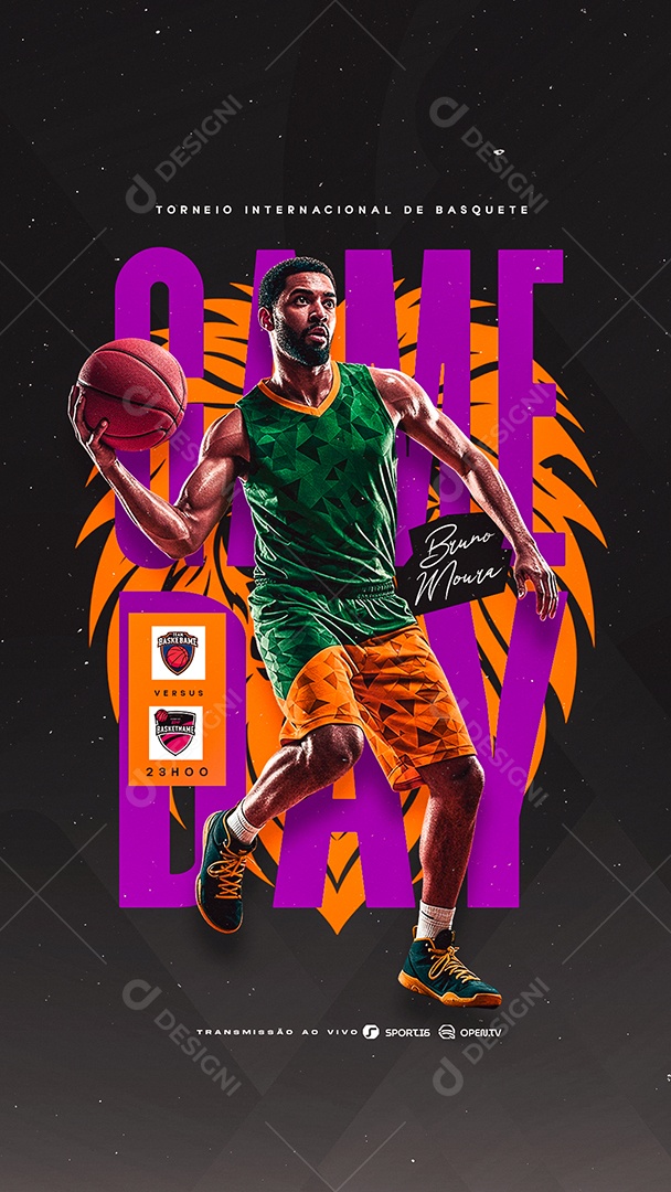 Story Torneio Internacional de Basquete Game Day Social Media PSD Editável