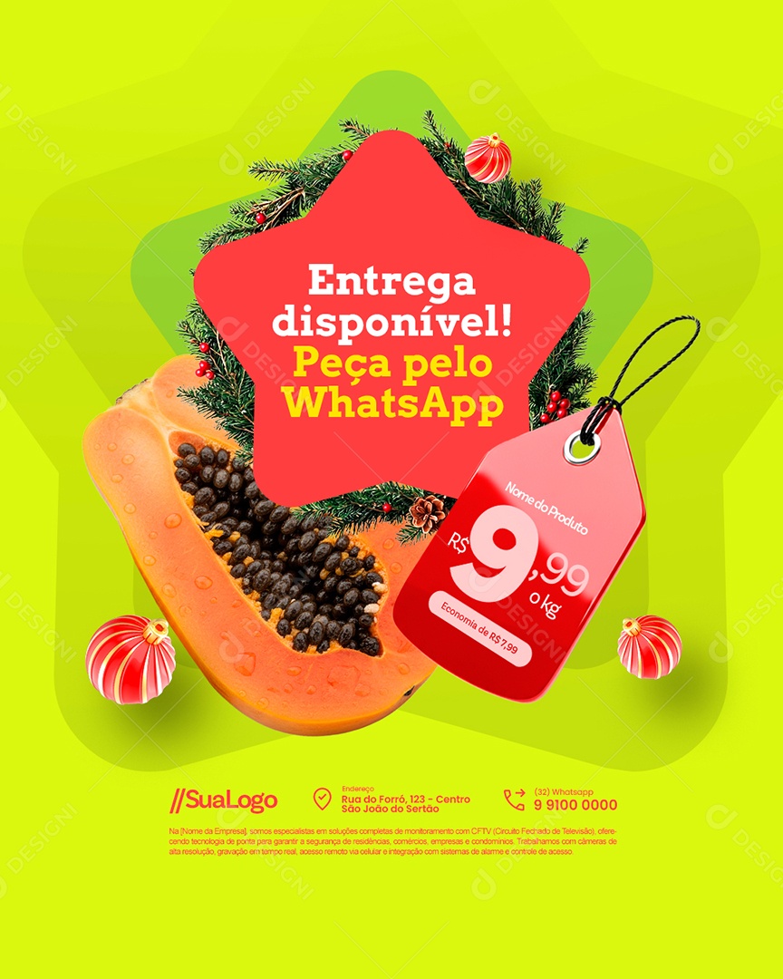 Hortifruti Mamão Entrega Disponível Peça Pelo WhatsApp Social Media PSD Editável
