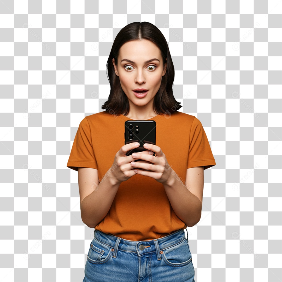 Mulher de Camisa Laranja Usando Celular PNG Transparente