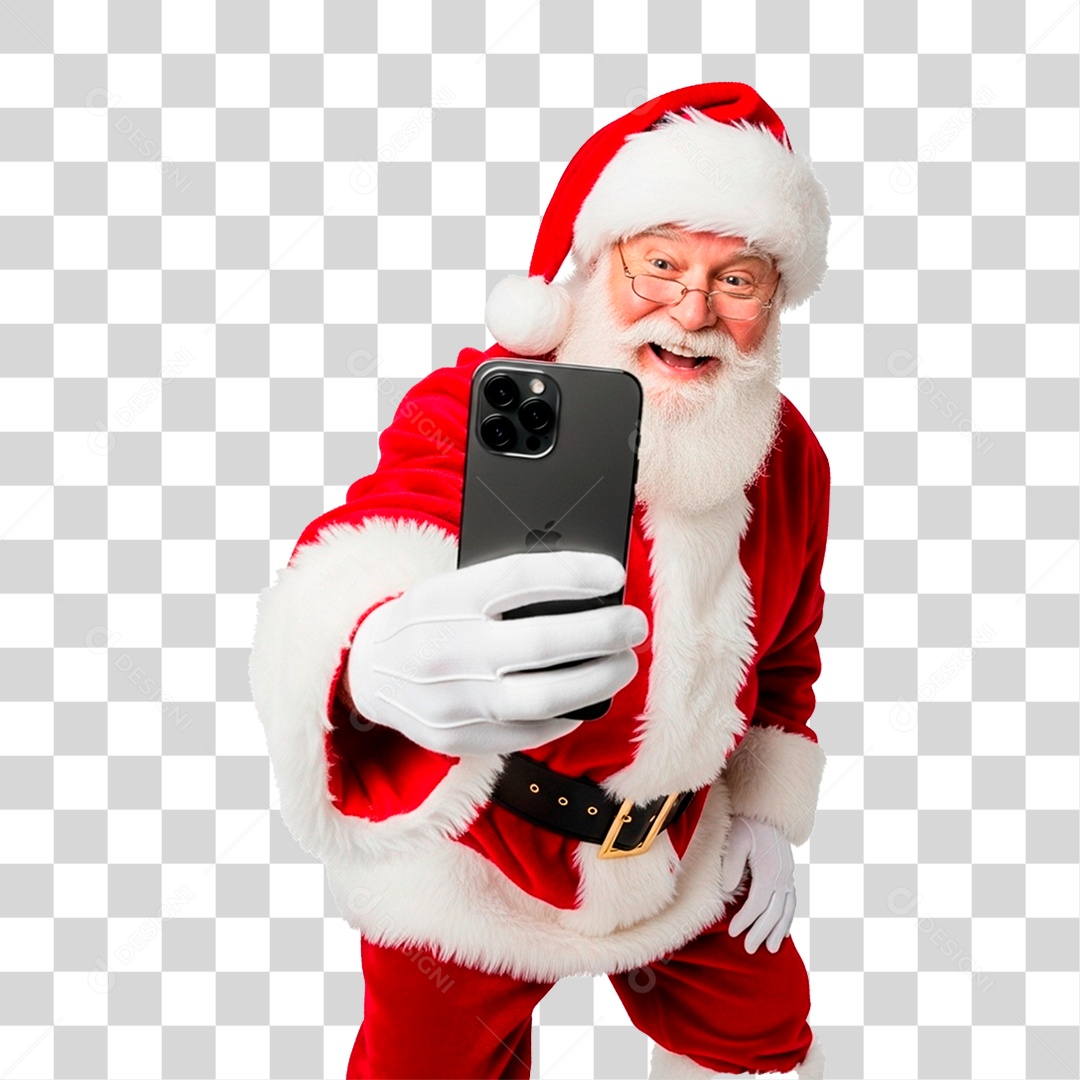 Papai Noel Segurando Celular PNG Transparente