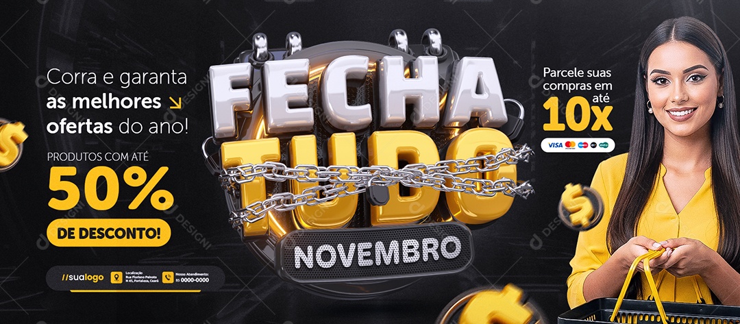 Banner Fecha Tudo Novembro Supermercado Produtos com Até 50% de Desconto Social Media PSD Editável