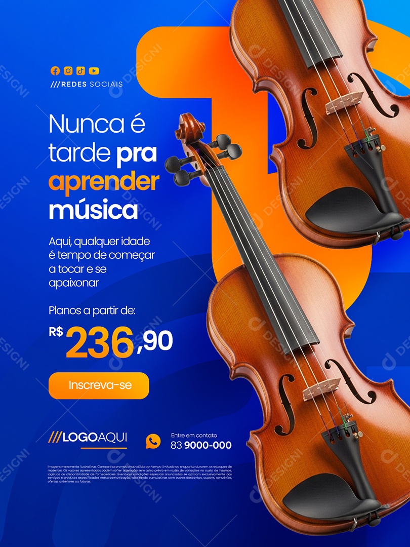 Aulas de Música Nunca é Tarde Pra Aprender Música Social Media PSD Editável
