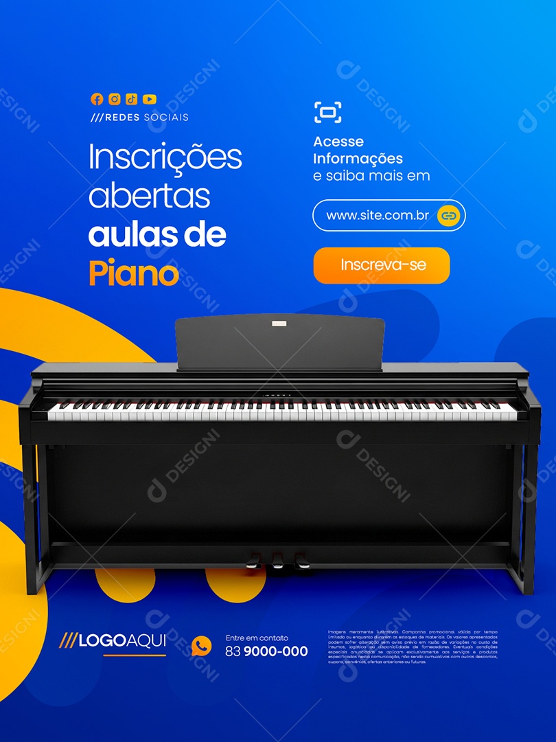 Aulas de Música Inscrições Abertas Aulas de Piano Social Media PSD Editável