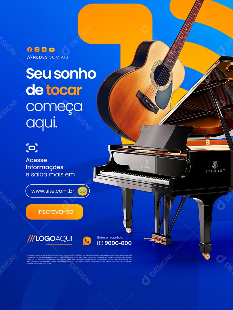 Aulas de Música Seu Sonho de Tocar Começa Aqui Social Media PSD Editável