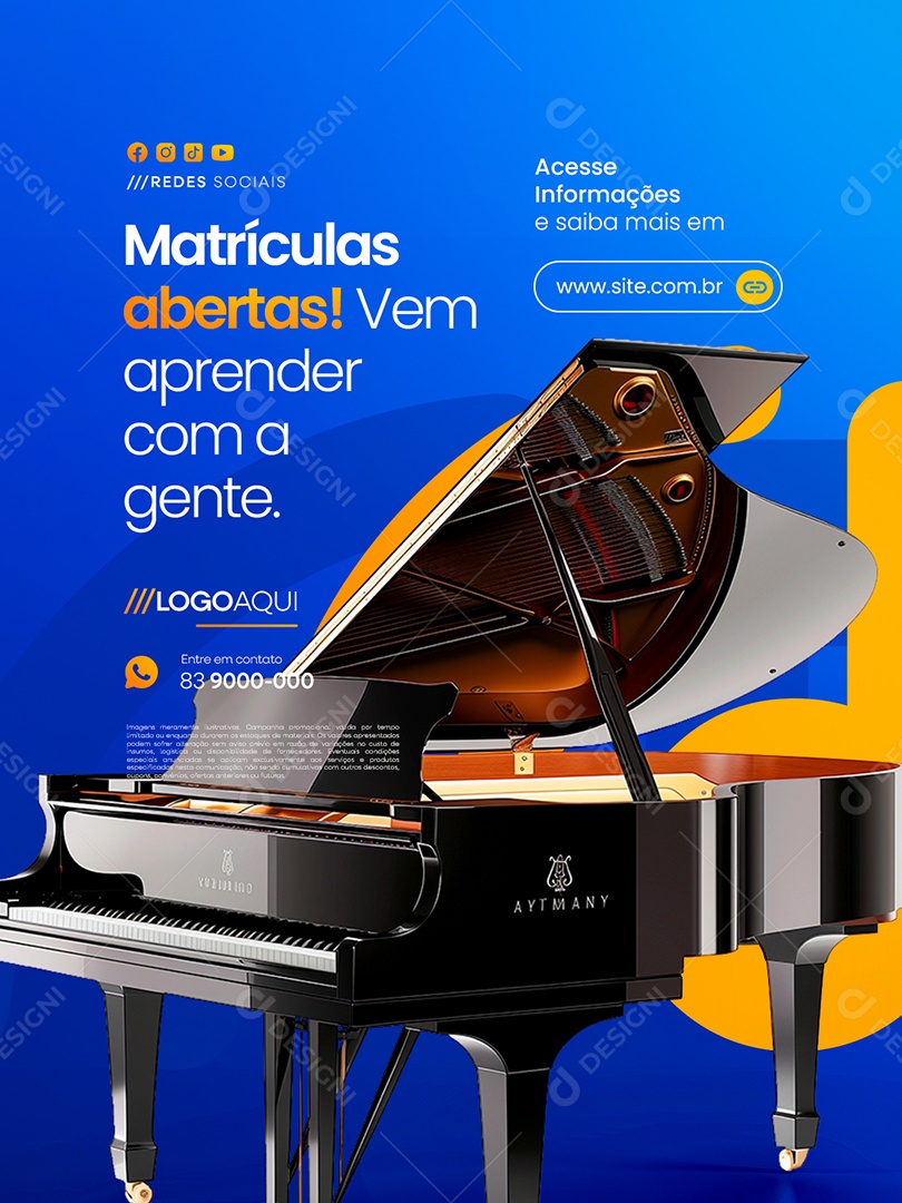 Aulas de Música Matrículas Abertas Social Media PSD Editável