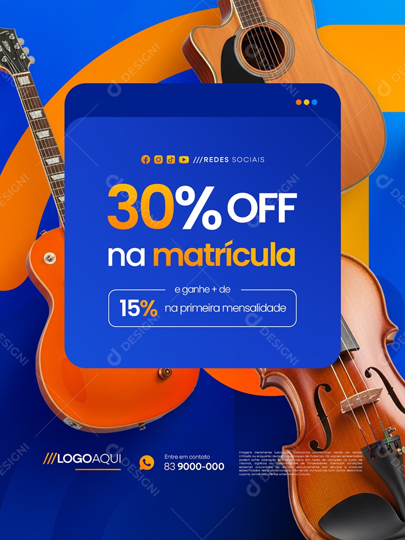 Aulas de Música 30% Off na Matrícula Social Media PSD Editável
