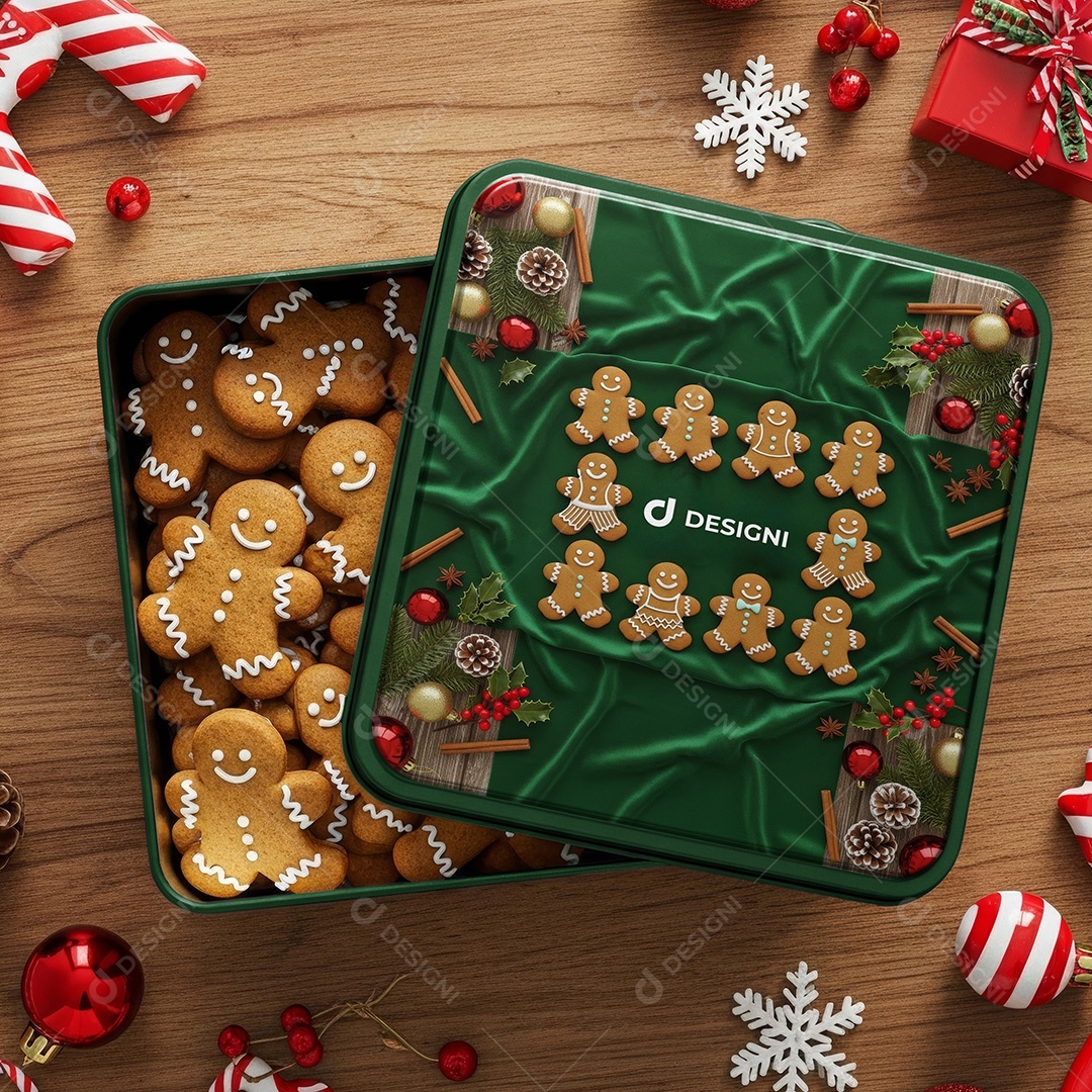 Mockup Caixa de Metal com Biscoito Natalino PSD Editável