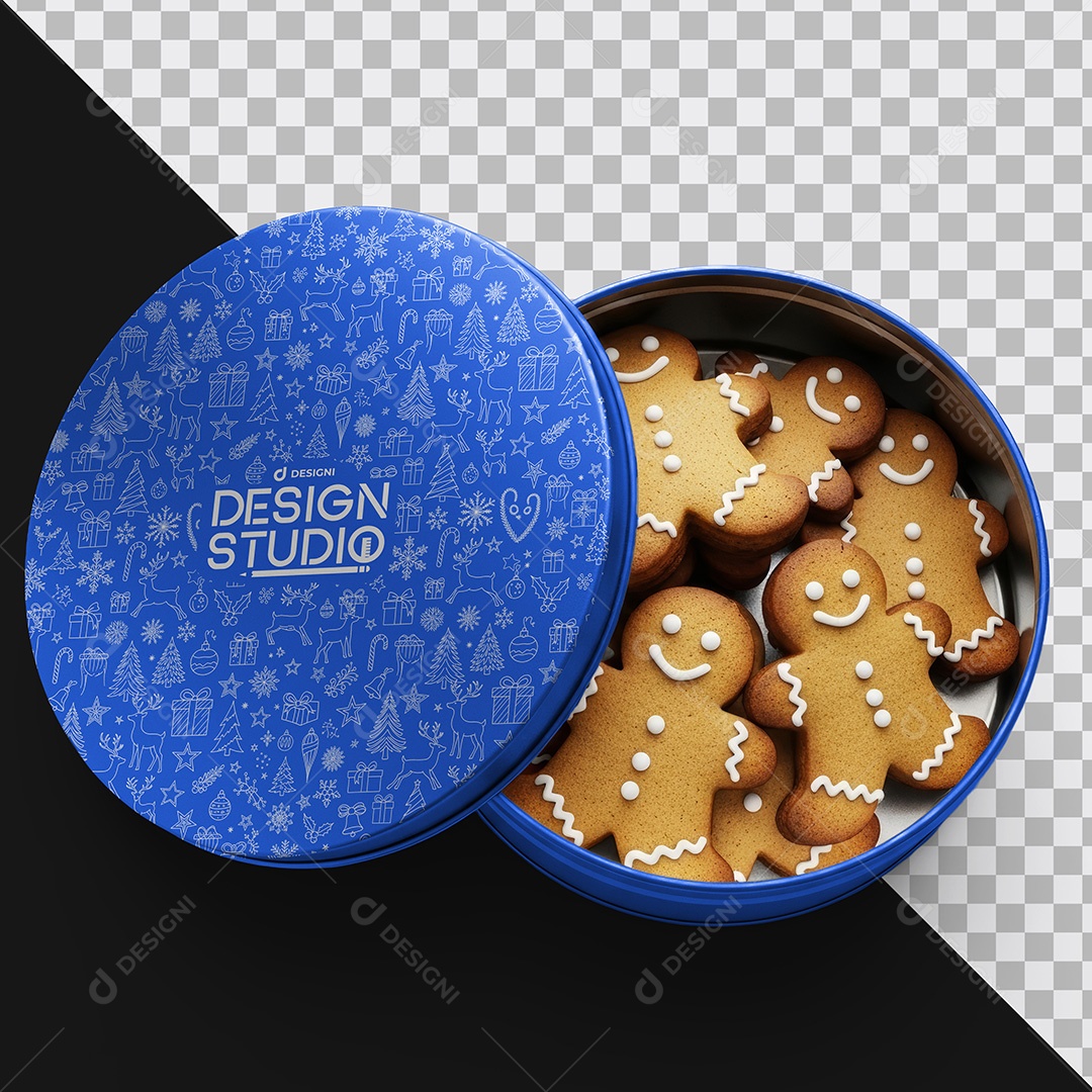 Mockup Caixa Redonda de Metal com Biscoito Natalino PSD Editável