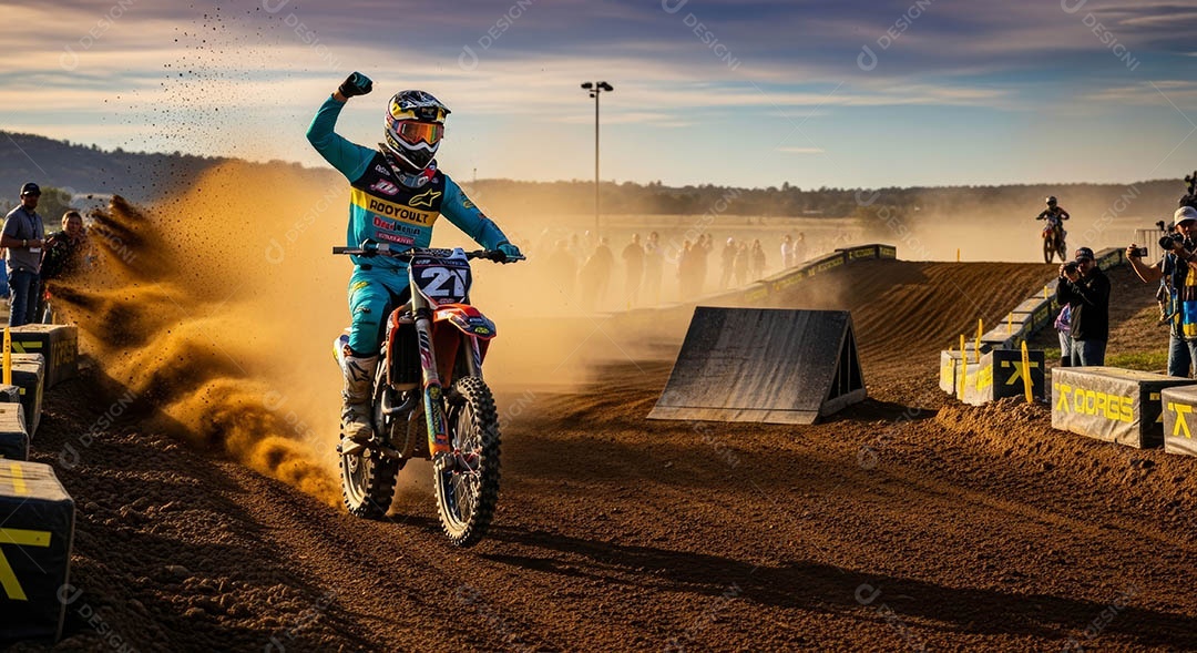 Motociclista praticando motocross sob uma pista com obstáculos.
