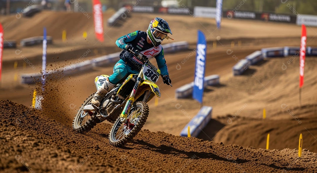 Motociclista praticando motocross sob uma pista com obstáculos.