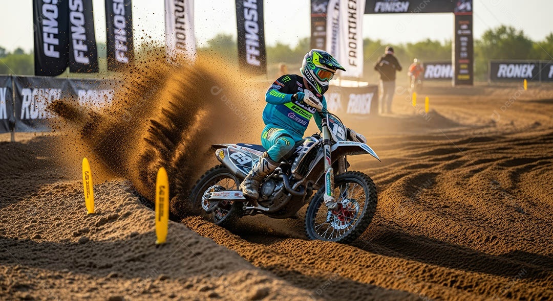 Motociclista praticando motocross sob uma pista com obstáculos.