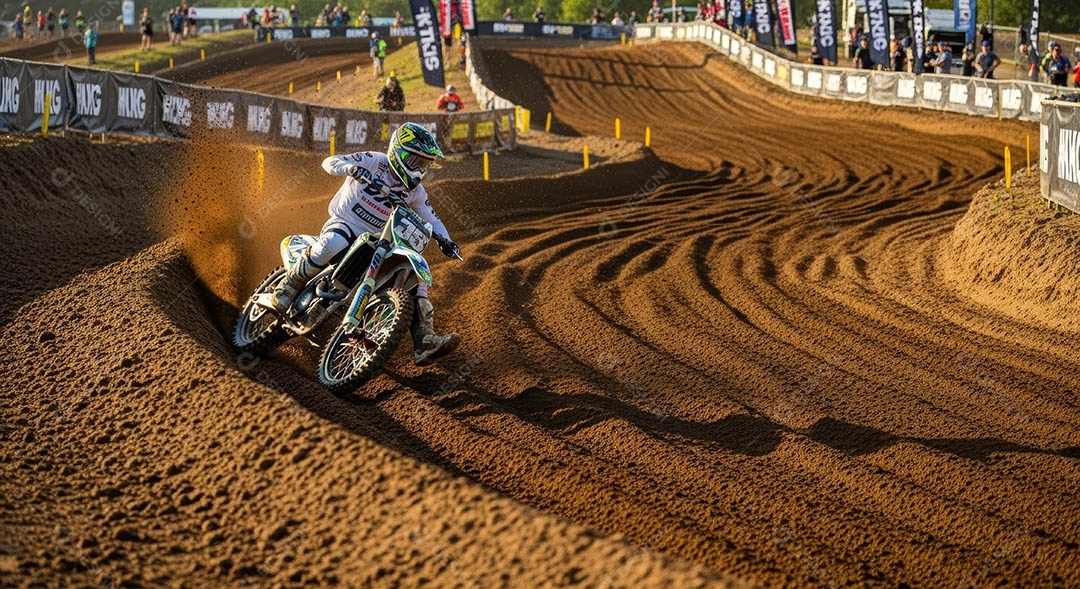 Motociclista praticando motocross sob uma pista com obstáculos.