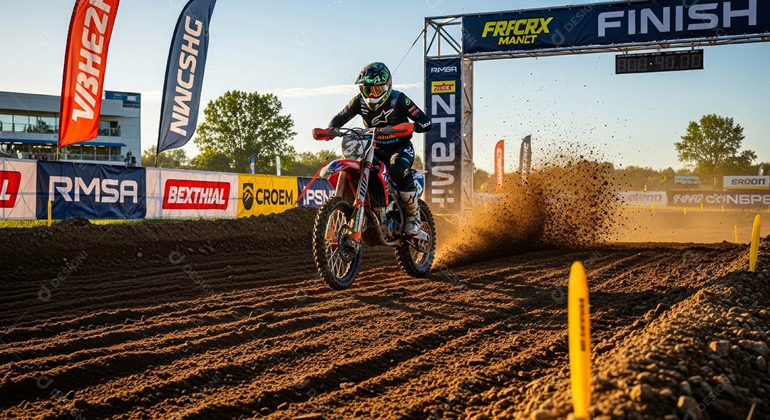 Motociclista praticando motocross sob uma pista com obstáculos.