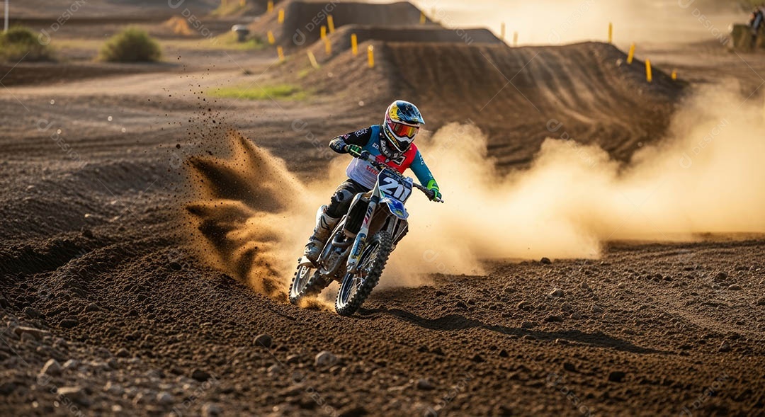 Motociclista praticando motocross sob uma pista com obstáculos.