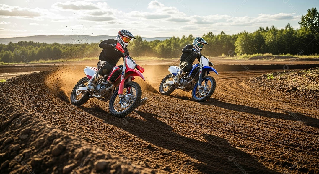 Motociclistas praticando motocross sob uma pista com obstáculos.