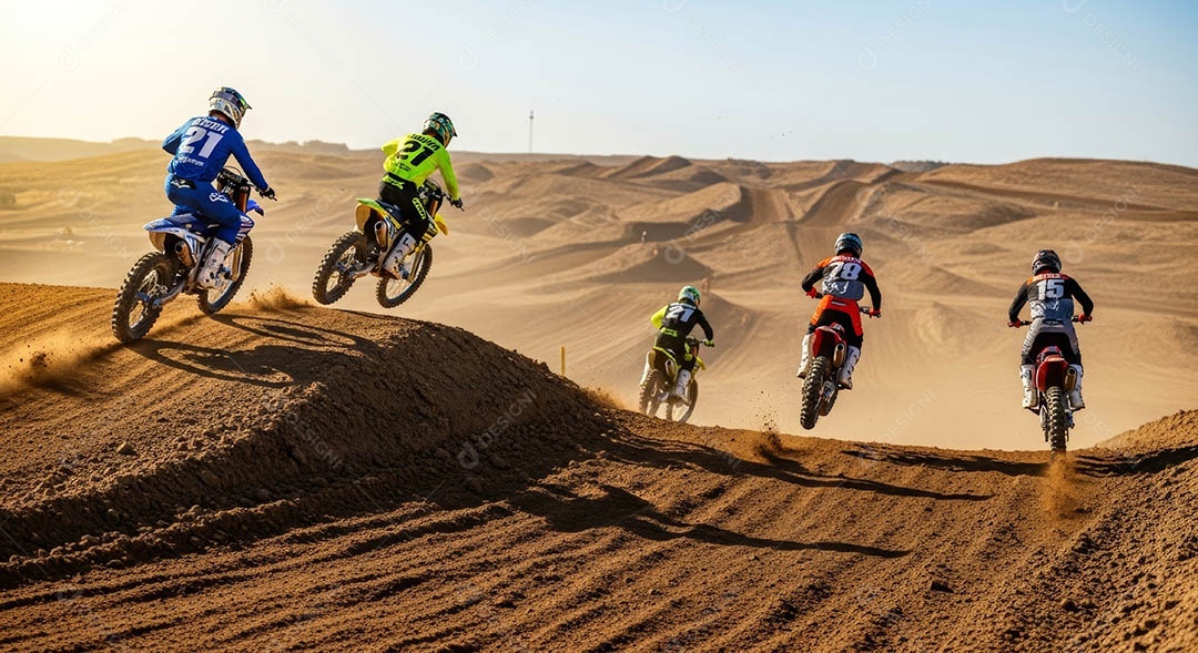 Motociclistas praticando motocross sob uma pista com obstáculos.