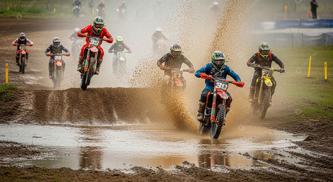 Motociclistas praticando motocross sob uma pista com obstáculos.