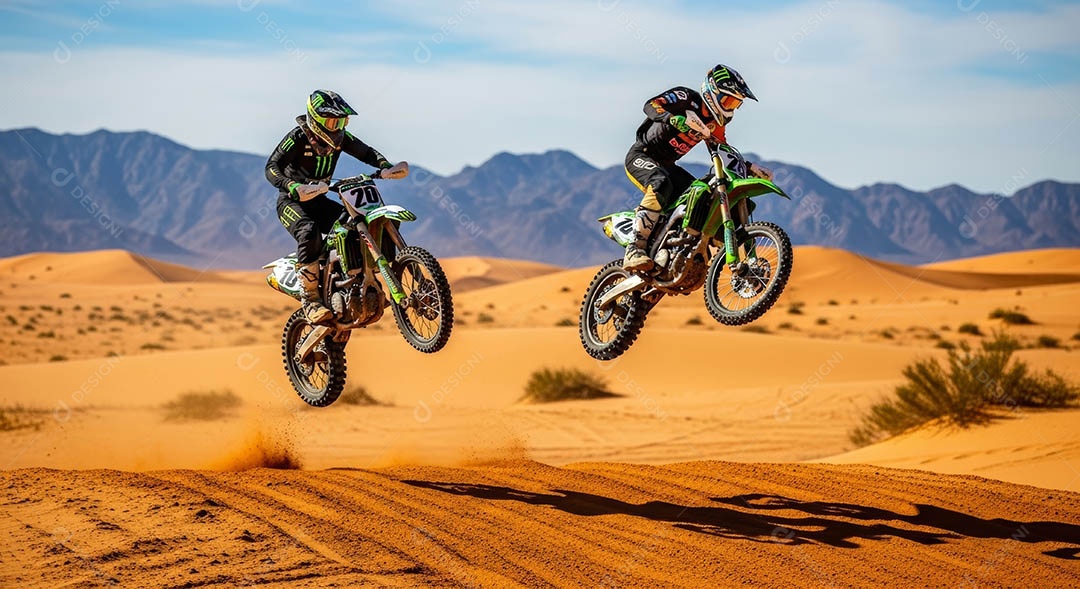 Motociclistas praticando motocross sob uma pista com obstáculos.