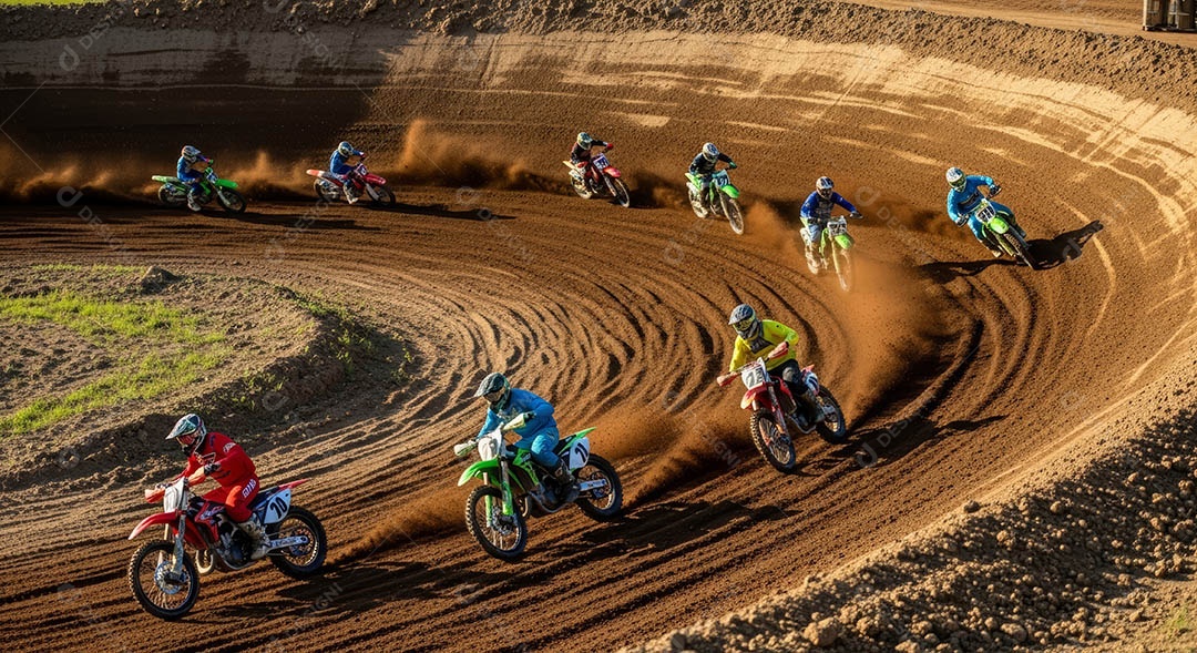 Motociclistas praticando motocross sob uma pista com obstáculos.