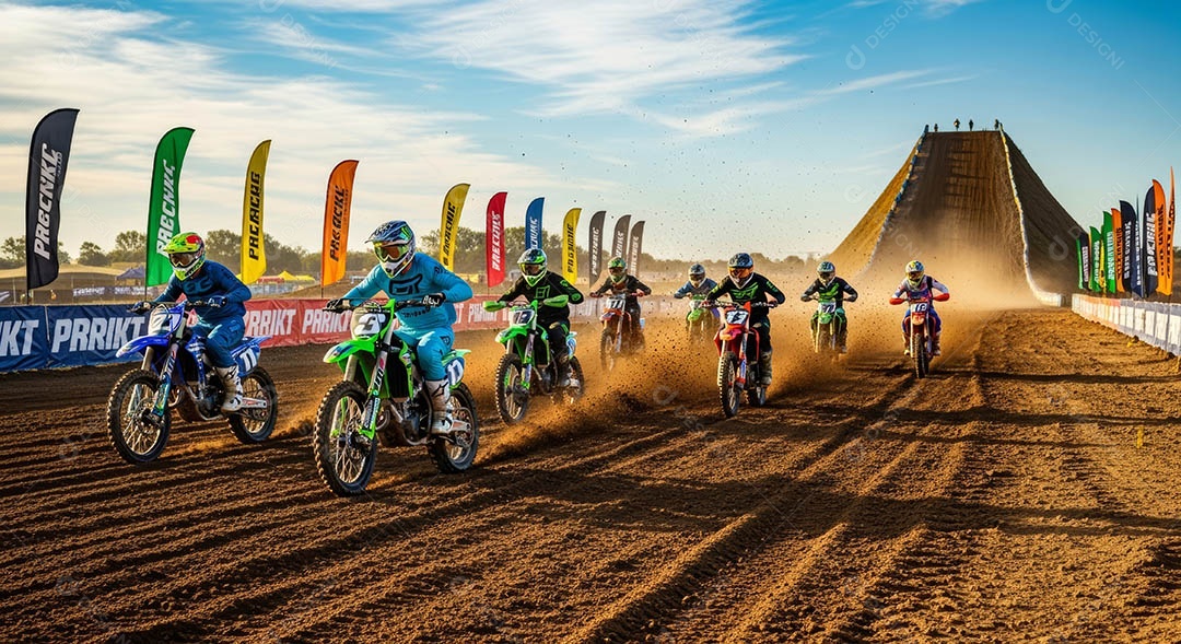 Motociclistas praticando motocross sob uma pista com obstáculos.
