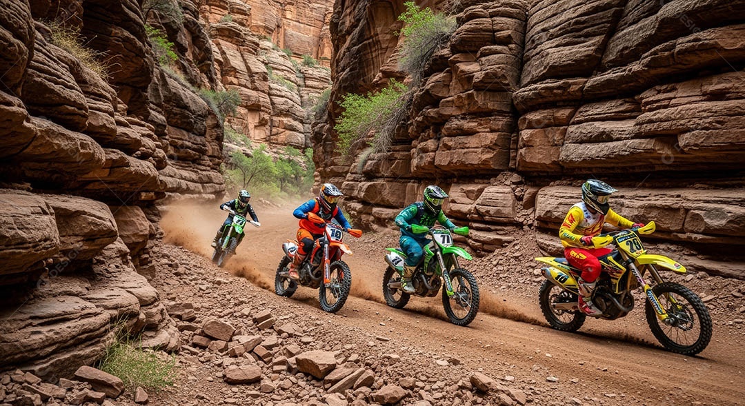 Motociclistas praticando motocross sob uma pista com obstáculos.