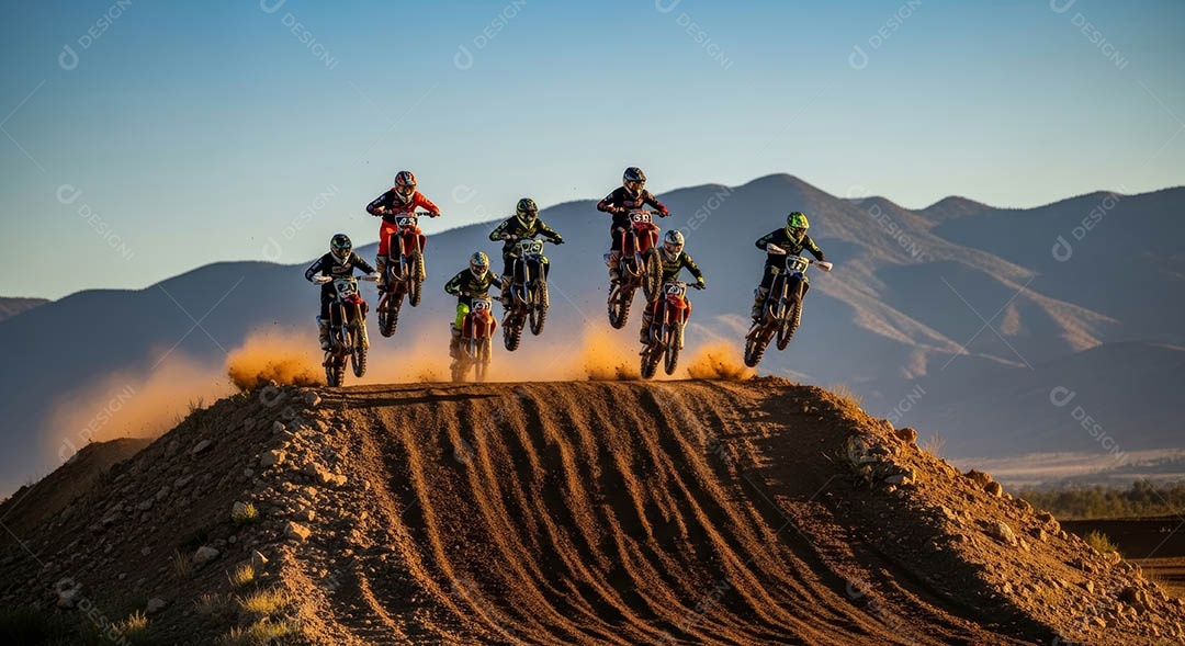 Motociclistas praticando motocross sob uma pista com obstáculos.