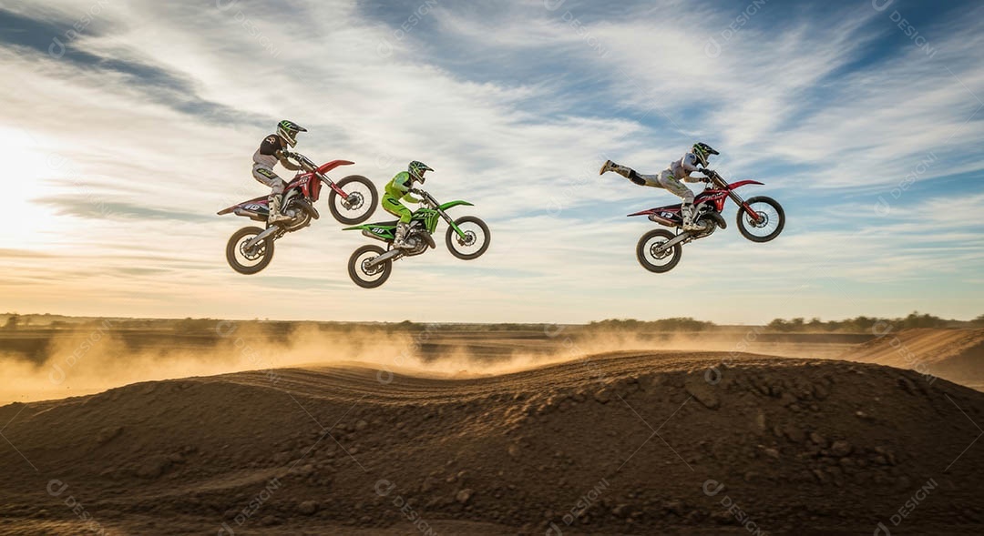 Motociclistas praticando motocross sob uma pista com obstáculos.
