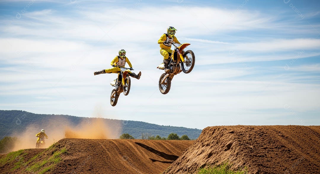 Motociclistas praticando motocross sob uma pista com obstáculos.