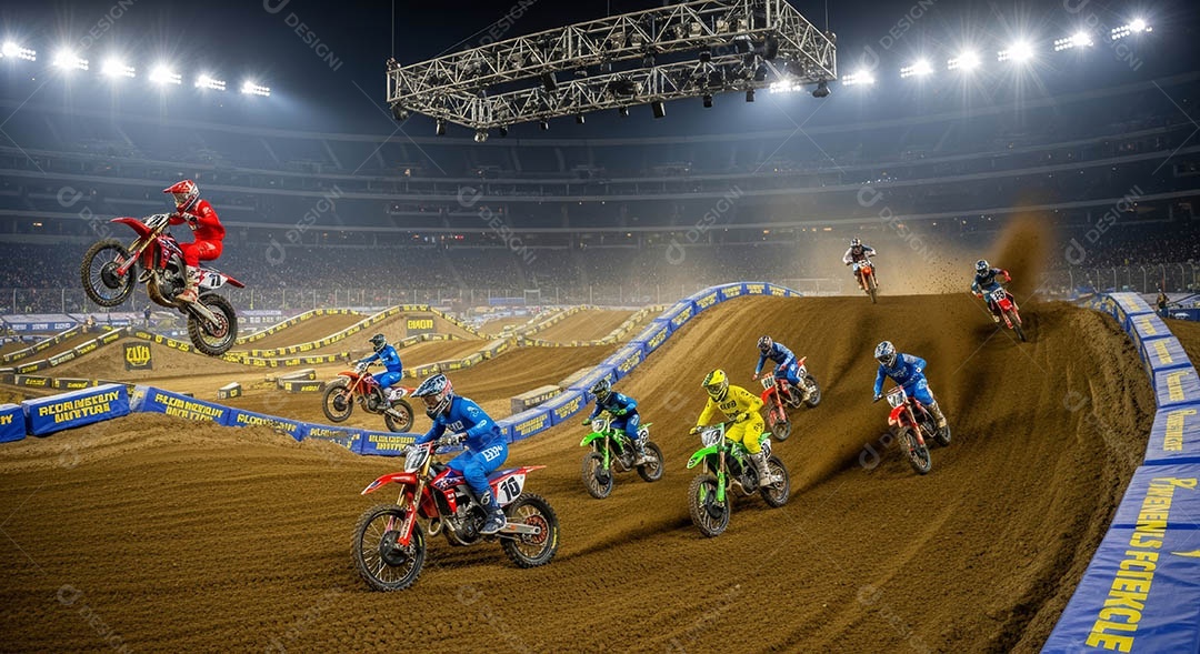 Motociclistas praticando motocross sob uma pista com obstáculos.