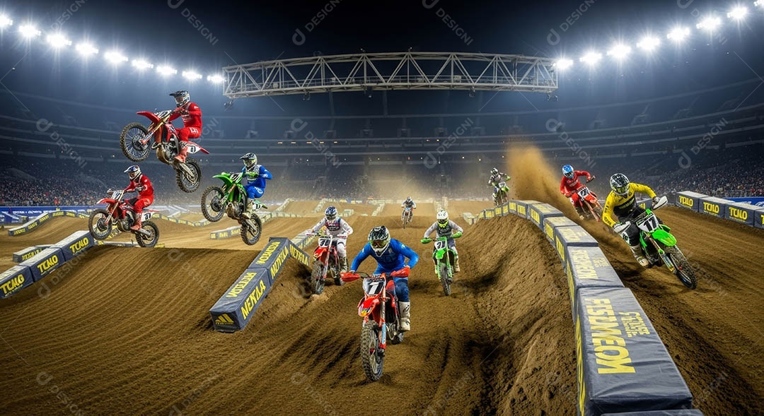 Motociclistas praticando motocross sob uma pista com obstáculos.